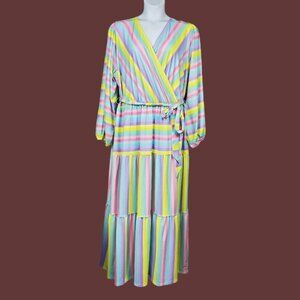 Eloquii Womens Multicolor Pastel Striped V-Neck Tiered Maxi Dress Size 26 NWT